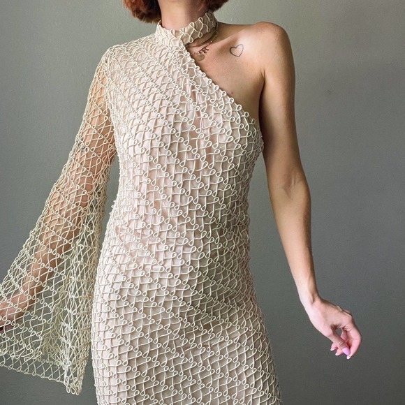 Sandra Mansour Cream Crochet Net One Shoulder Asymmetric Maxi Dress - Picture 6 of 12